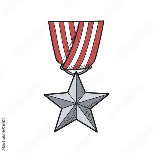 Silver star military medal with red and white stripes design – stock vector flat illustration