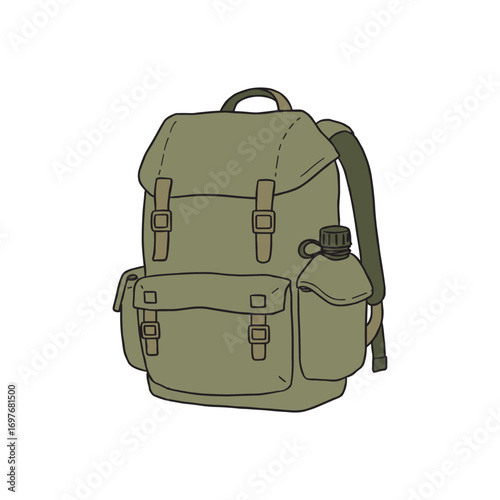 Green hiking backpack with water bottle for outdoor adventures – stock vector flat illustration