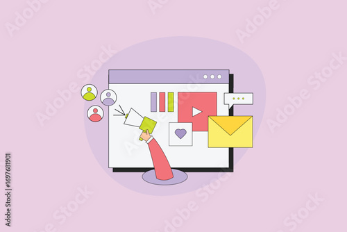 Website promotion attracting new customer through Social media ads, content marketing, email campaign and audience engagement. Hand with megaphone.