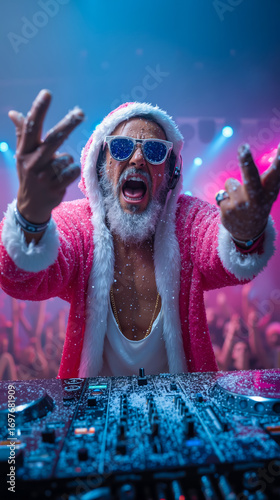 A man in a santa claus outfit is playing a dj set at a party