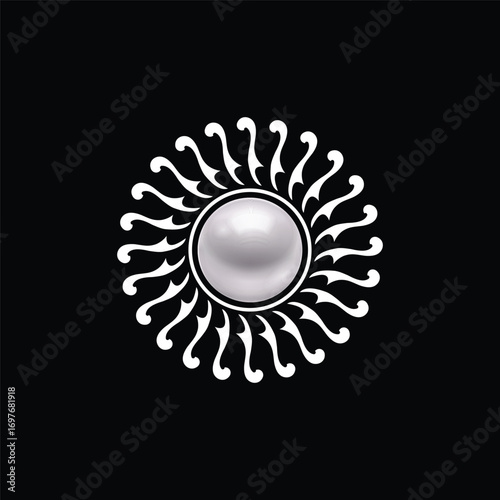 Elegant pearl brooch with ornate sunburst logo design