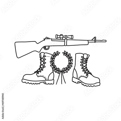 Military tribute art with rifle, boots, and laurel wreath illustration – stock vector flat illustration