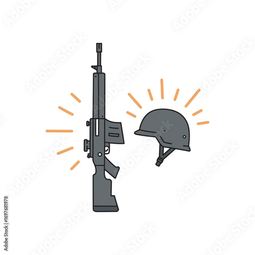 Animated rifle and helmet icon with radiating lines indicating alertness and readiness – stock vector flat illustration