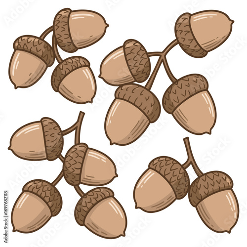 Cartoon acorns illustration with clustered oak nuts and brown caps – stock vector flat illustration