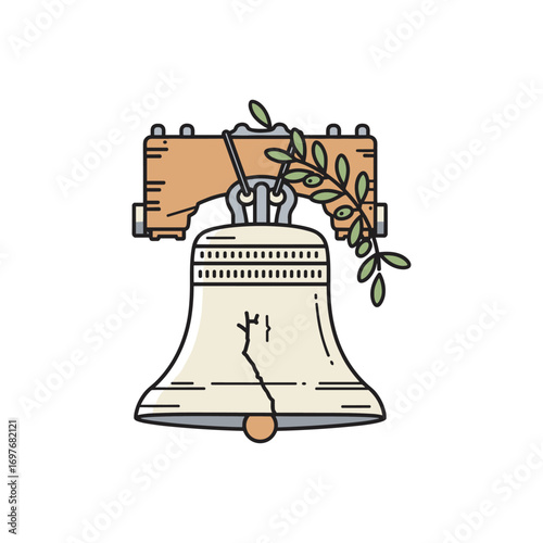 Liberty bell illustration with olive branch symbolizing freedom – stock vector flat illustration