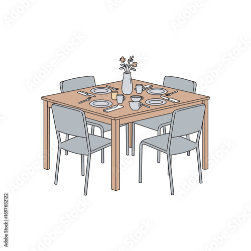 Minimalist dining set with wooden table and four chairs ready for a meal – stock vector flat illustration