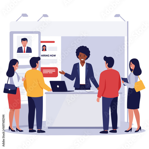 Vector art of business people at a job fair or career expo interacting with a recruiter at a booth, discussing opportunities