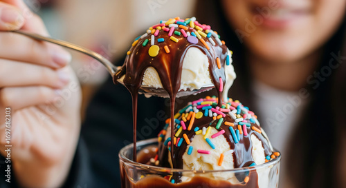 A person enjoys a delicious vanilla ice cream sundae topped with chocolate sauce and colorful sprinkles being lifted by a spoon.