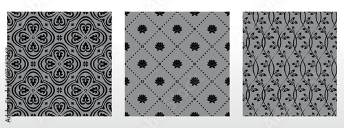 Geometric floral set of seamless patterns. Gray and black vector backgrounds. Damask graphic ornaments