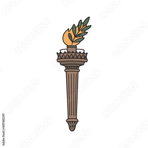 Hand-drawn olympic torch with flaming top and green leaves – stock vector flat illustration