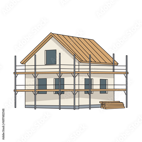 Scaffolding surrounding house under construction with wooden roof – stock vector flat illustration