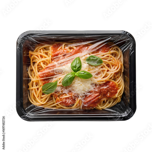 Pasta Tray Icon, top-down flat-lay of a rectangular tray with tomato-basil pasta sealed under clear plastic film, transparent background.
