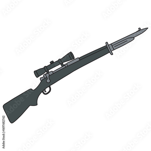 Illustration of scoped rifle with bayonet attachment in profile view – stock vector flat illustration