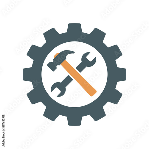 Cogwheel with hammer and wrench symbolizing repair and maintenance – stock vector flat illustration