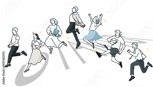 スタートアップのイメージイラストージャンプするビジネスパーソンーカジュアル服ー白バックイラスト素材Startup concept illustration: Businessperson jumping—Casual attire—White background illustration material