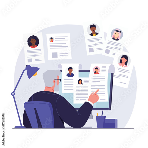 Vector art of recruiter reviewing resumes on computer screen with candidate profiles displayed around him