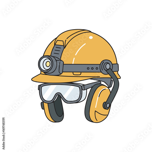Yellow safety helmet with headlamp, protective goggles, and ear muffs – stock vector flat illustration