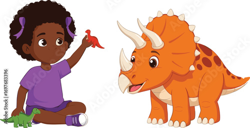 African American girl playing with dinosaur toys and smiling cartoon triceratops, educational prehistoric kids illustration in vector style