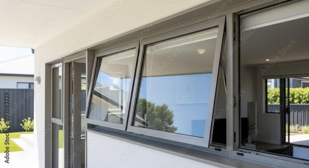 Fototapeta premium Modern gray aluminum double-hung awning windows on a light gray house exterior