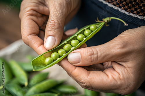 Freshly Harvested Green Peas Being Opened to Reveal Healthy Pod
