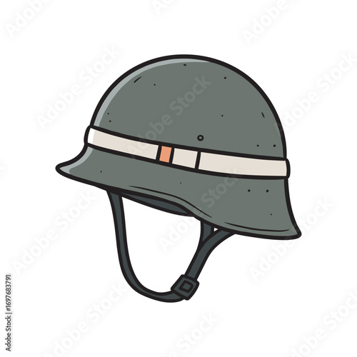 Vintage military helmet with chin strap and white stripe design – stock vector flat illustration