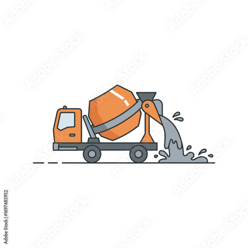 Cartoon cement mixer truck pouring concrete illustration with orange vehicle – stock vector flat illustration