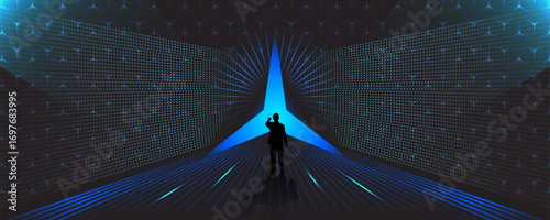 A glowing tunnel of light and particles with a human silhouette, symbolizing technology, exploration, and the future of digital worlds.