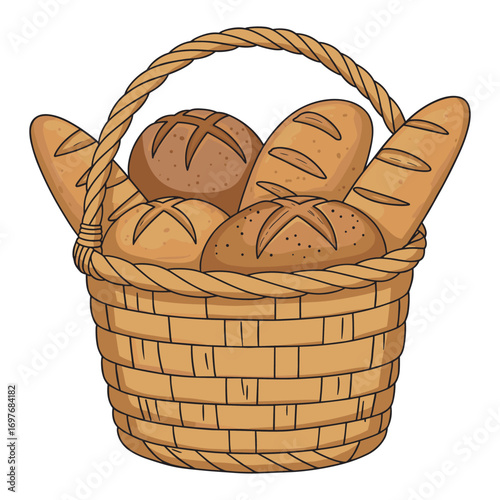 Various breads in woven basket – stock vector flat illustration