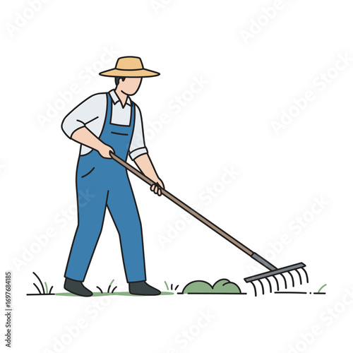 Caucasian adult male farmer raking in field wearing hat and overalls – stock vector flat illustration