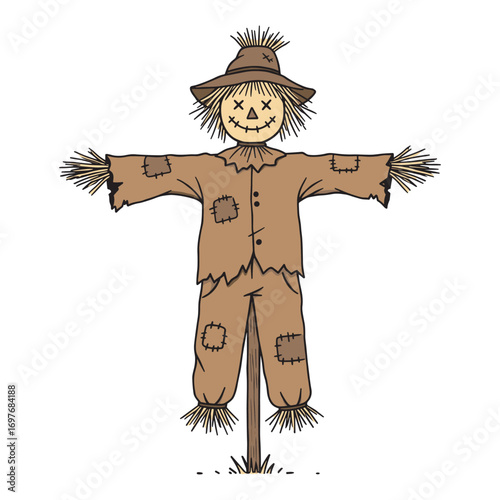 Cheerful cartoon scarecrow with patchwork clothes – stock vector flat illustration