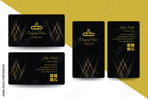 Premium black and gold business card layouts with fine line accents, suitable for elegant corporate identity and high-end branding.