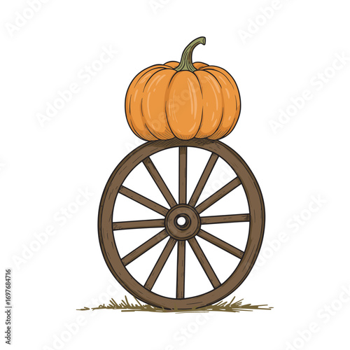 Large orange pumpkin on wooden wagon wheel – stock vector flat illustration