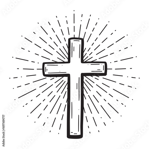 Hand-drawn cross with radiating lines symbolizing faith and spirituality – stock vector flat illustration