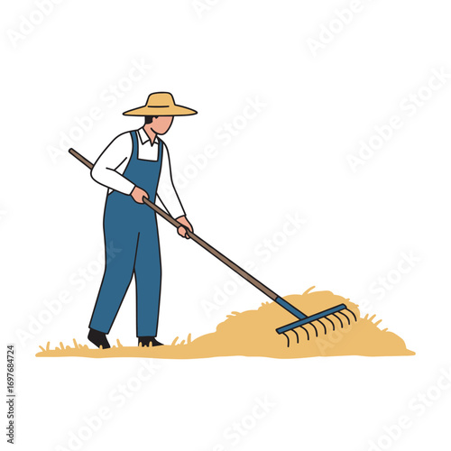 Caucasian male farmer in overalls raking hay with straw hat – stock vector flat illustration