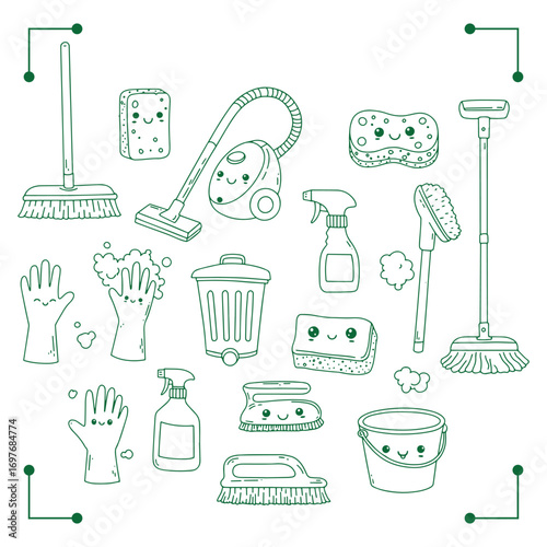 collection of cleaning supplies and tools.