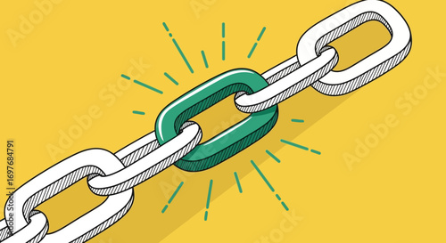 Isometric illustration of a chain with a highlighted green link symbolizing security, connection, and strength