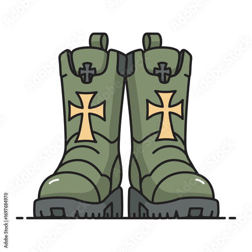 Military combat boots with cross design | green tactical footwear – stock vector flat illustration