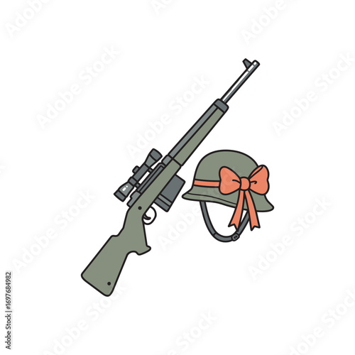 Military rifle and helmet with bow illustration - symbol of peace and war – stock vector flat illustration