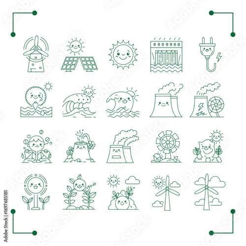 Collection of Cute Green Energy and Pollution Icons.