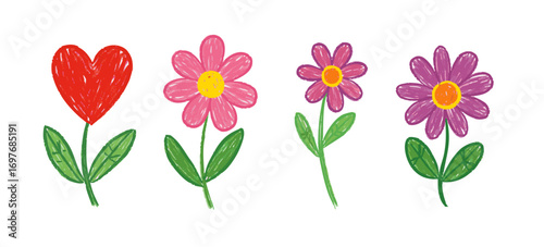 Hand-Drawn Heart and Flower Illustration Set , Crayon style
