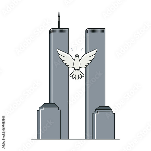 Minimalist tribute to twin towers with dove symbolizing peace – stock vector flat illustration