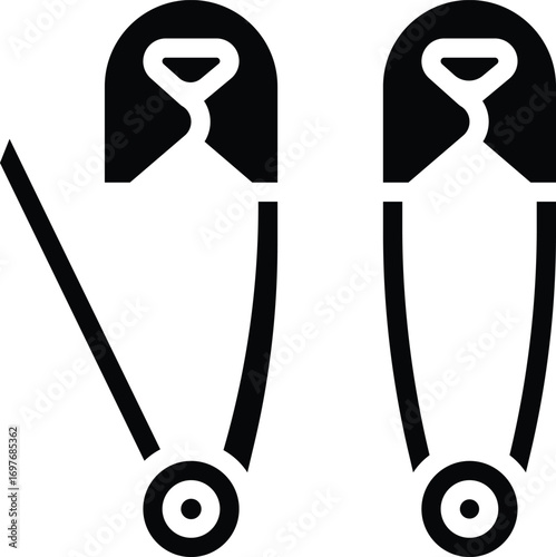 safety pin icon set.Opened and closed pin.Needle and Safety Pin Icon on Black and White Vector Backgrounds.Realistic Metal Safety Pin Vector silhouette editable stroke on transparent background.