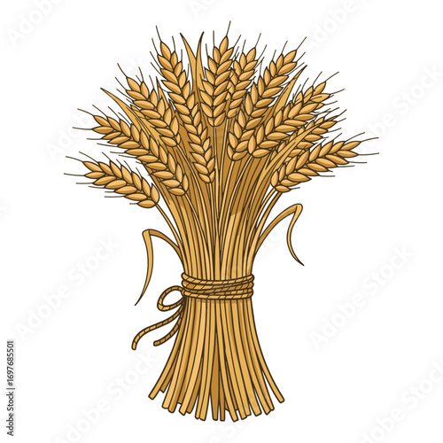 Bundle of golden wheat sheaves tied with rope – stock vector flat illustration