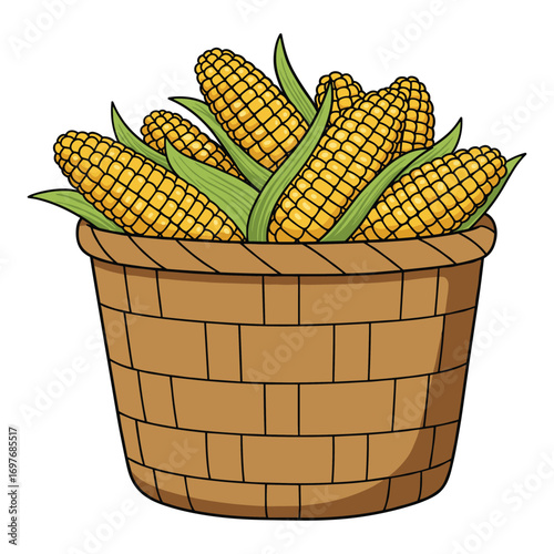 Basket of fresh corn cobs with green husks – stock vector flat illustration