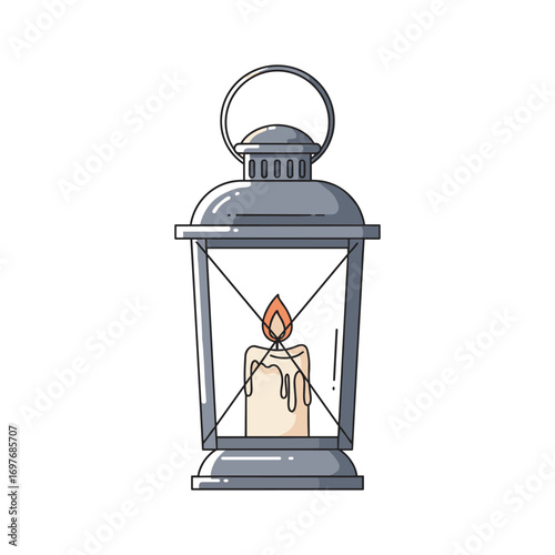 Traditional metal lantern with candle flame and rustic design elements – stock vector flat illustration