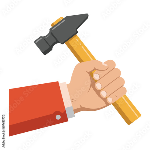 Hand holding hammer with yellow handle and red sleeve – stock vector flat illustration