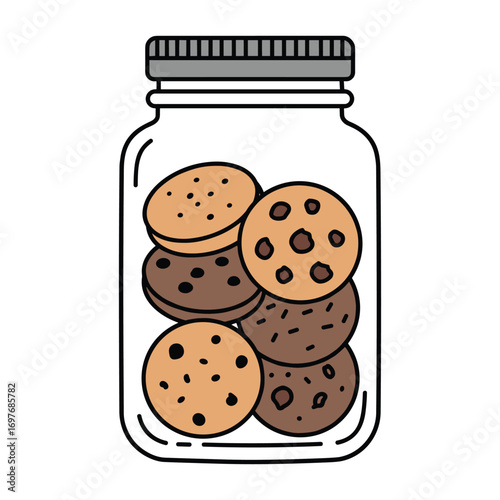 Assorted cookies in a jar with lid: chocolate and vanilla treats – stock vector flat illustration