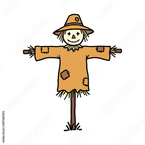Rustic scarecrow with worn hat and patchy outfit on wooden post – stock vector flat illustration