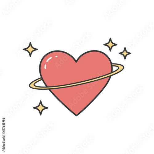 Heart with orbiting ring and stars – stock vector flat illustration