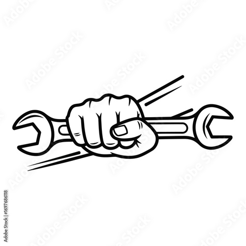 Hand firmly grips a wrench symbolizing repair and mechanical work ready for action vector